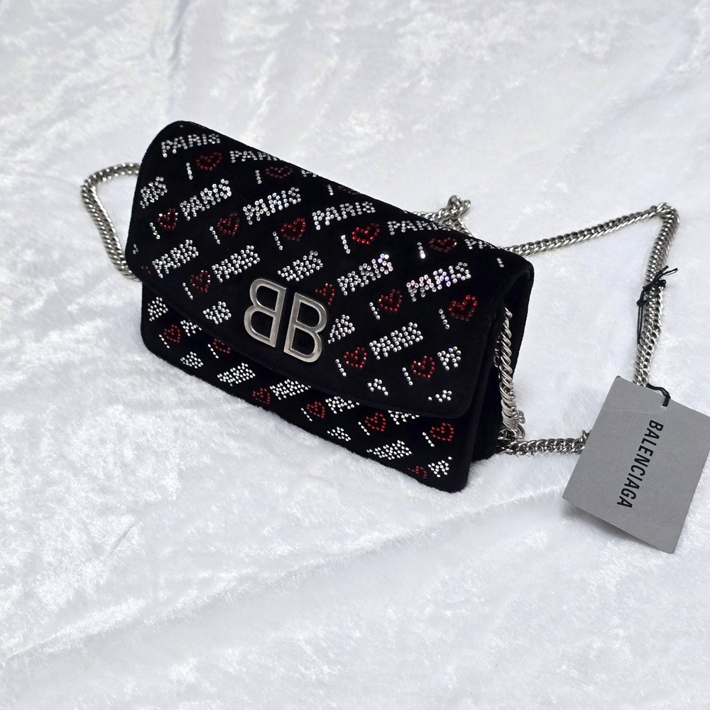 Balenciaga Strassed Velvet Crystal Love Paris Shoulder Bag Black | MSRP $1490